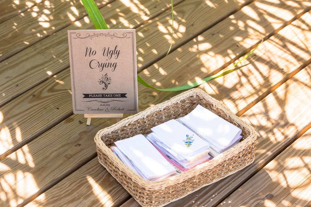 No ugly crying sign with a basket of tissues which are essential for a wedding day emergency kit!