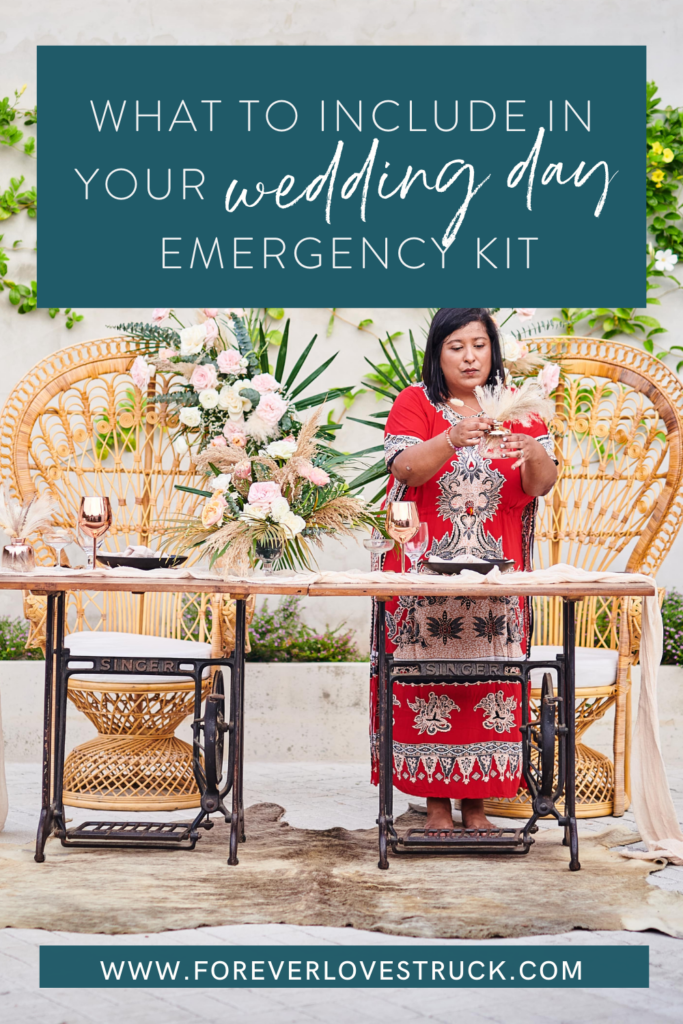 Pinterest pin of what to include in your wedding day emergency kit - wedding planner Caroline preparing decor in front of a table setting for a destination wedding in Koh Tao, Thailand